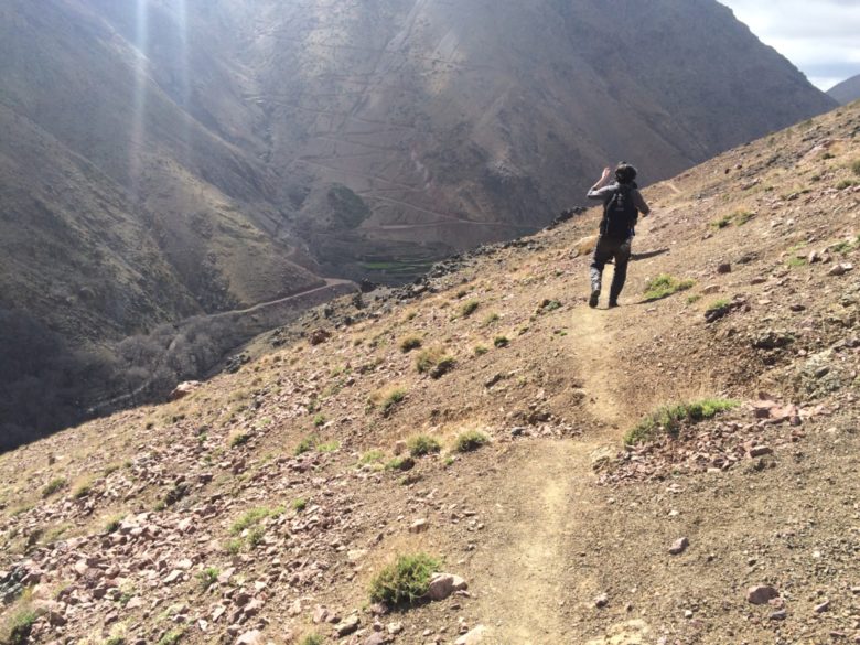 I spent a lot of time trying and failing to capture where exactly we were walking on our final descent of that day. The trail is about as wide as one and a half of my feet, and what looks like flat ground in this picture was actually about a 70 degree angle down the side of the hill.